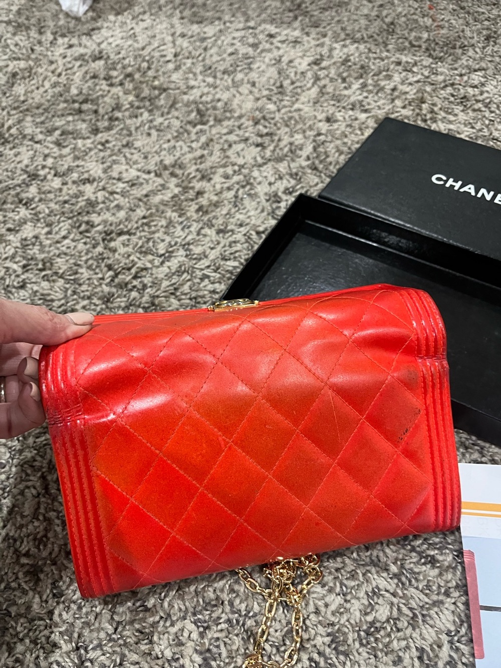 Authentic CHANEL Red Quilted Satin Flap Bag with Gold Chain - Picture 4 of 5